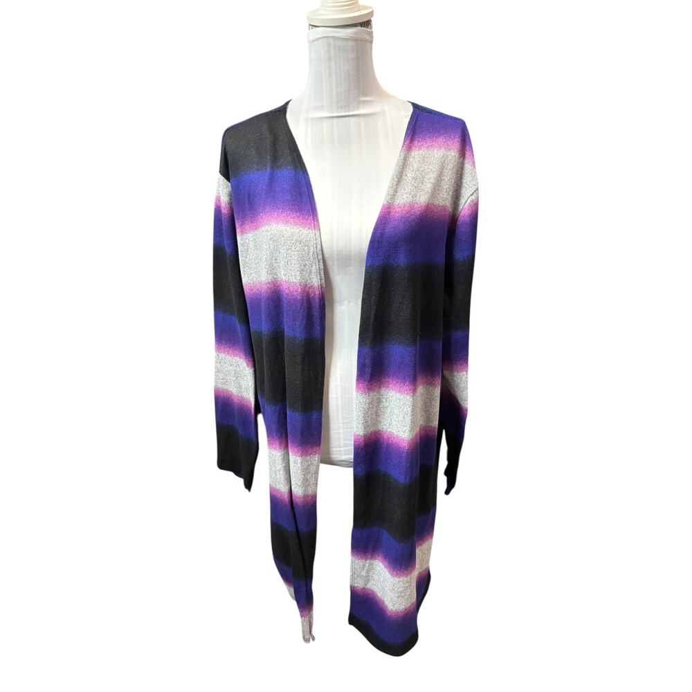 Ashley Blue Black & Purple Strips Open Cardigan Long Size 2X